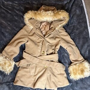 Women's Tan Faux Fur Trim Pea Coat